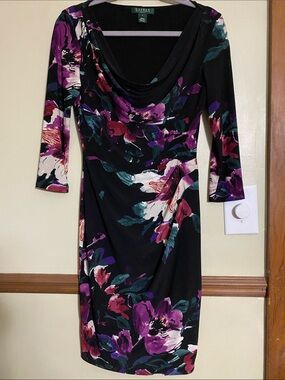 Ralph Lauren Black Floral Cowl-Neck Midi Dress with Purple & Teal Accents